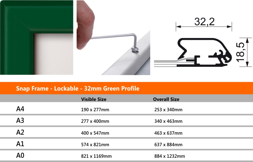 Snap Frame Lockable 32mm Green Profile